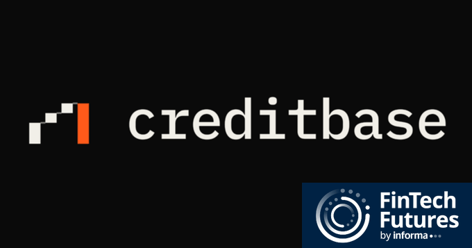 A black graphic displaying the 'creditbase' logo next to an orange and white bar chart icon, with a 'FinTech Futures by Informa' badge in the bottom right corner.