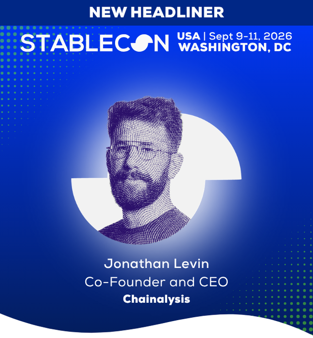 A promotional graphic announcing Jonathan Levin, Co-Founder and CEO of Chainalysis, as a new headliner for the Stablecon USA event on September 9-11, 2026, in Washington, DC.