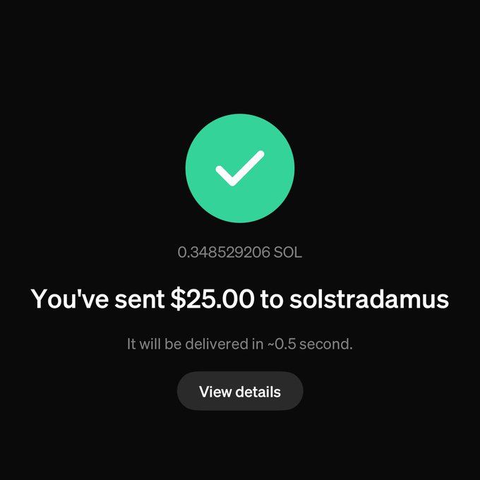 A confirmation screen shows $25.00 sent to "solstradamus," converted to 0.348529206 SOL, with delivery taking ~0.5 seconds. The image serves as proof of the MoonPaid transaction referenced in the post.