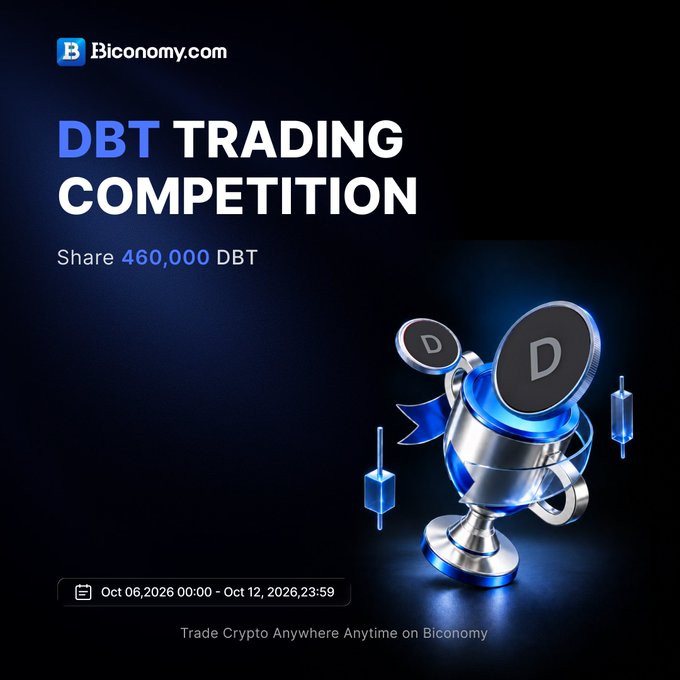 A promotional graphic for a 'DBT TRADING COMPETITION' by Biconomy.com, offering a share of 460,000 DBT from Oct 06 to Oct 12, 2026, featuring a 3D rendered trophy and coins.
