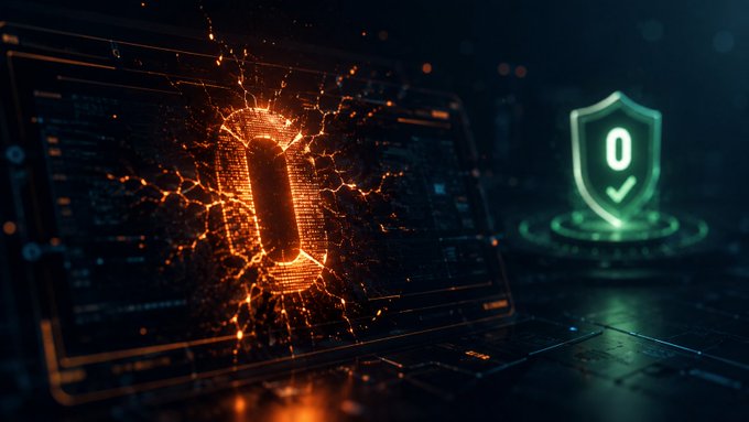A laptop screen shatters with cracks emanating from a glowing zero at its center, while a green shield icon hovers in the background, symbolizing the missing zero that caused a costly error and the protective safeguards needed to prevent it.