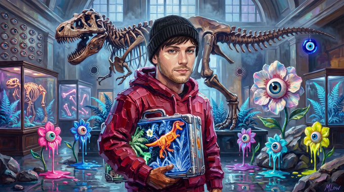 A vibrant digital illustration of a man in a red hoodie and black beanie holding a silver briefcase, standing in a museum with surreal colorful flowers featuring eyes and dinosaur skeletons in the background.