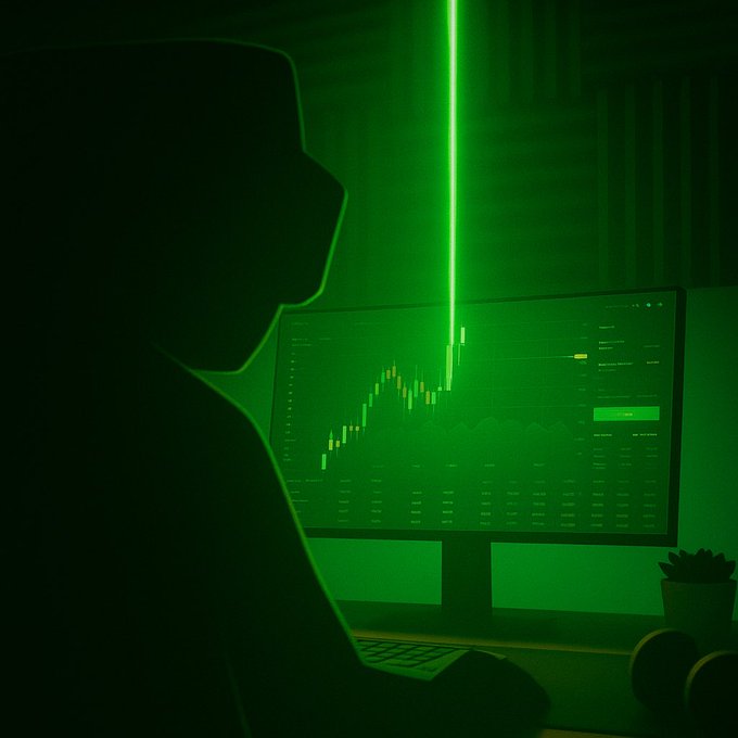 A silhouette of a hooded figure sits before a glowing green monitor displaying a rising candlestick chart, with a vertical beam of green light illuminating the dark room.