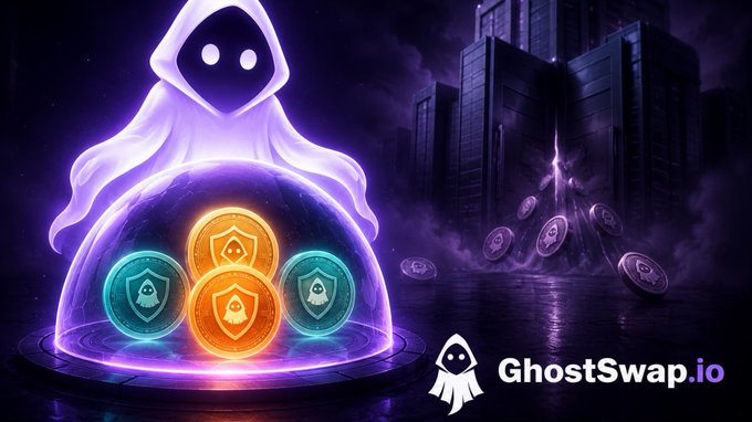 The image features a poster for GhostSwap, an Ethereum-based blockchain project that allows users to trade various coins. The main figure in the scene is a white character with black googly eyes standing over a transparent glass dome filled with five different colored coins, each represented by a distinct symbol. To the left of this central figure, there are two shields depicted in shades of blue and orange. The backdrop for the image portrays an urban cityscape under the dark cover of night, providing a contrasting atmosphere to the digital world of cryptocurrency trading displayed on the poster.