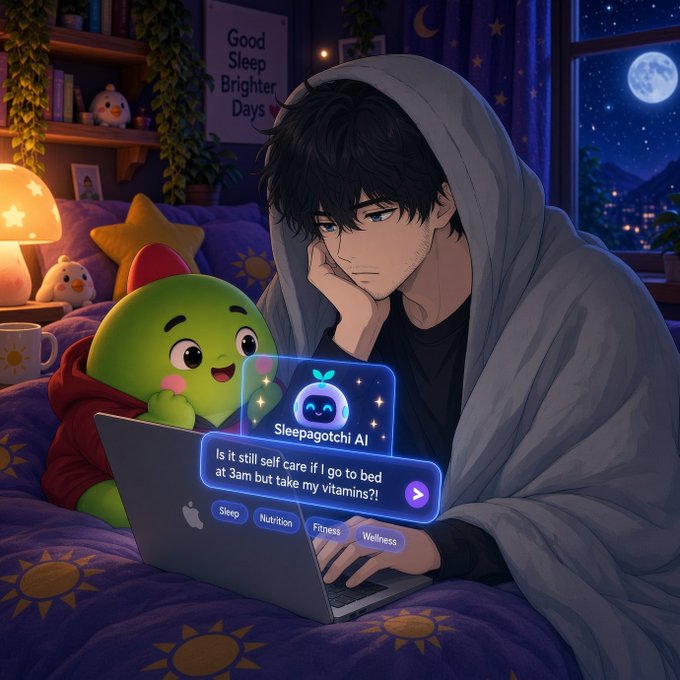 An anime-style illustration of a young man with dark hair wrapped in a grey blanket, sitting on a bed with a small green creature, using a laptop to chat with 'Sleepagotchi AI' about sleep habits.