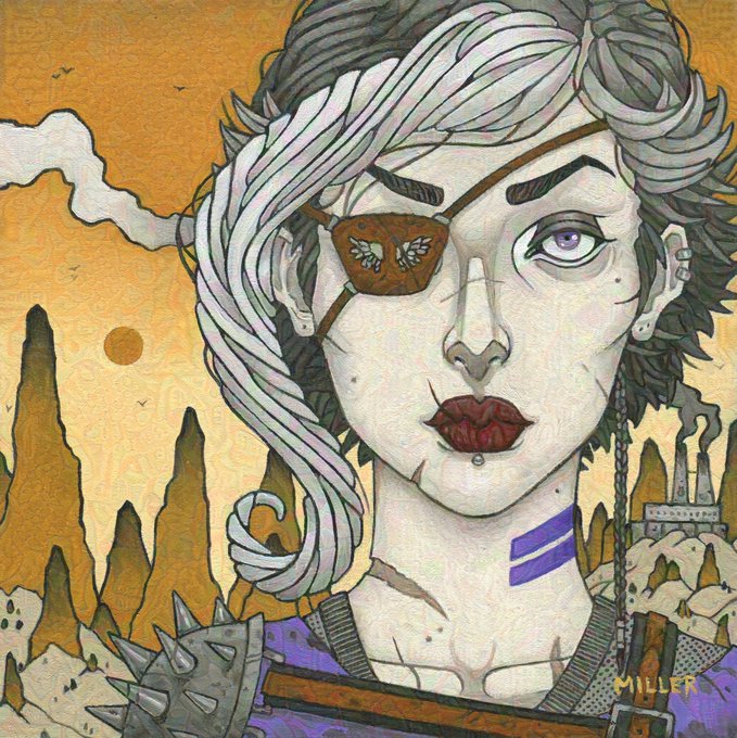 An illustrated portrait of a pale woman with white and dark hair, a butterfly eyepatch, purple lipstick, and facial scars, set against an orange sunset with industrial smokestacks and a spiked weapon visible.