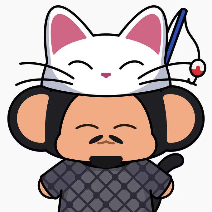 A cute cartoon illustration of a brown bear-like character wearing a textured dark sweater, with a white smiling cat headpiece on top featuring cat ears and a blue antenna with a red sphere.