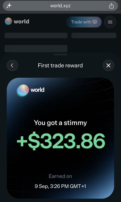 A mobile screenshot of the world.xyz website displays a "First trade reward" notification from the "world" platform, announcing that the user "got a stimmy +$323.86" earned on 9 Sep at 3:26 PM GMT +1, directly visualizing the $323 airdrop reward mentioned in the accompanying promotional post.