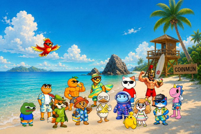 A vibrant beach scene features cartoon characters—including a duck in sunglasses, a muscular man in red shorts, and various animal mascots—posing together on a tropical shore with a "COINMUN" sign and lifeguard tower in the background, fitting the cheerful "GM frens" (good morning, friends) vibe.