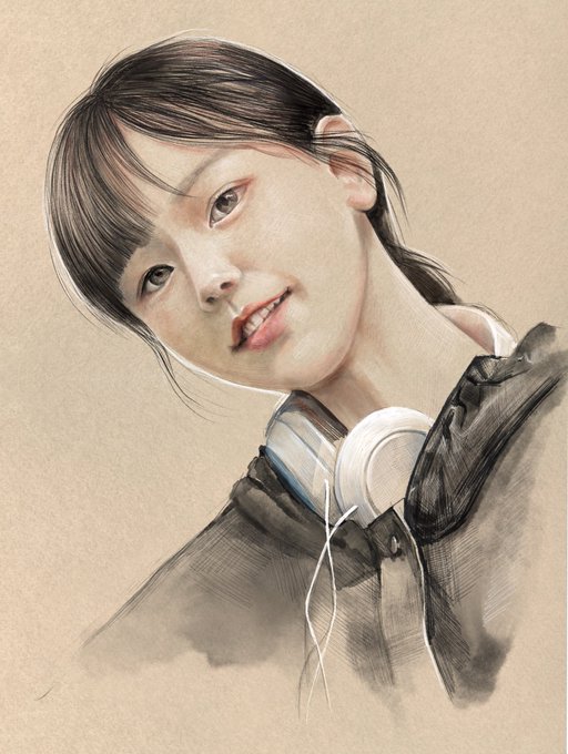 A pencil and watercolor-style portrait of a young woman with dark bangs wearing white headphones around her neck and a dark hoodie.