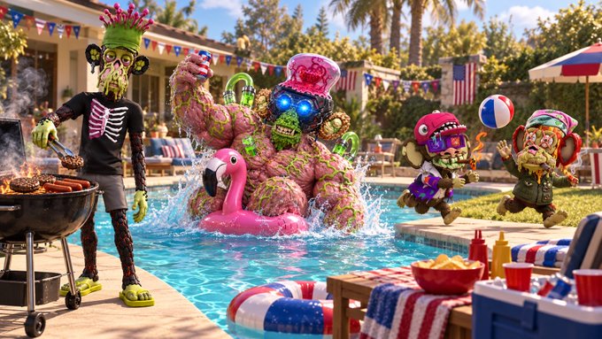 A vibrant 3D-rendered pool party scene features zombie and monster characters, including a green zombie grilling burgers, a pink flamingo float, and other colorful creatures enjoying a backyard barbecue with American flag decorations.