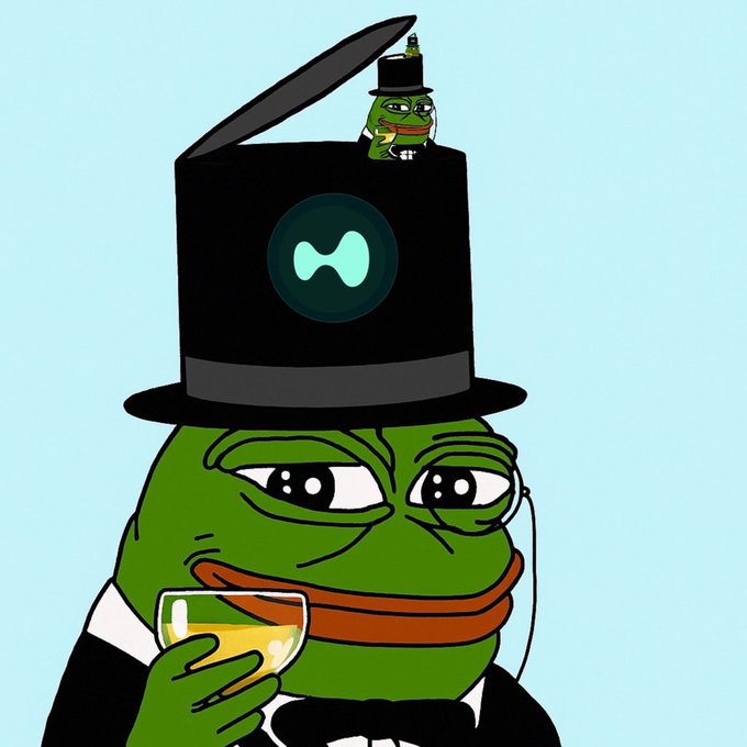 A cartoon of a green Pepe frog dressed as a gentleman with a top hat and monocle, sipping from a glass; a smaller Pepe figure sits on top of the hat.