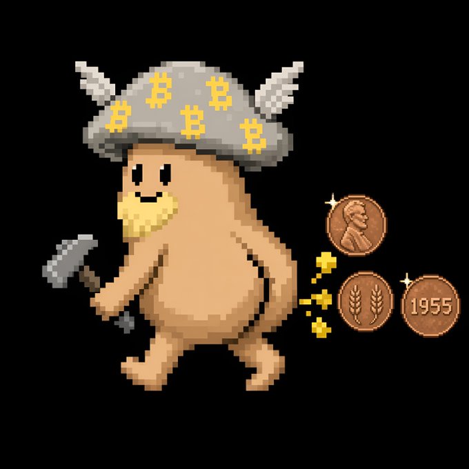 A pixel art character of a naked mole rat miner wearing a horned Viking helmet, holding a pickaxe, with three copper coins (including one dated 1955) displayed beside it.