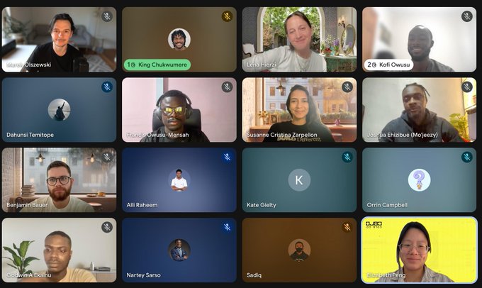 A screenshot of a video conference call with 16 participants visible, including named attendees like Lena Hertzli, Kofi Owusu, Dahunsi Temitope, Kate Gletty, and others shown in a grid layout.