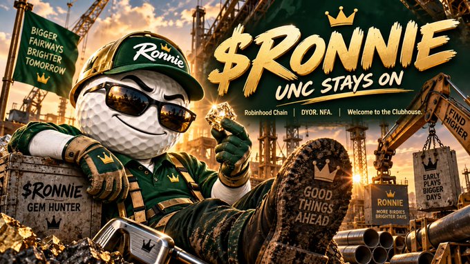 Stylized promotional graphic with a golf ball-headed mascot wearing a green 'Ronnie' cap and sunglasses, surrounded by '$RONNIE' text, 'UNC STAYS ON', and slogans like 'Bigger Fairways, Brighter Tomorrow' and 'Good Things Ahead' on a construction-themed background.