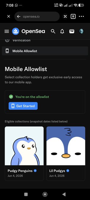 The image showcases an older cell phone with the App Store open. On this device's browser tab, there are two apps prominently displayed - one being "OpenSea Mobile Allowed", and another app featuring a cute penguin illustration. The main post on the screen appears to be advertising these mobile apps as beta tester opportunities for users.