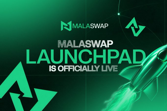 A promotional graphic with a green color scheme announcing 'MALASWAP LAUNCHPAD IS OFFICIALLY LIVE' alongside a rocket and the platform's logo.