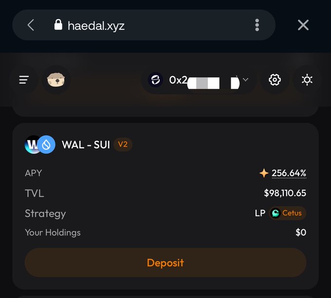 A screenshot of the website haedal.xyz displays a 'WAL - SUI V2' pool with an APY of 256.64%, a TVL of $98,110.65, and a Cetus LP strategy.