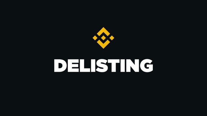 A black screen displaying the Binance logo with the word 'DELISTING' in bold white text, indicating a token removal announcement.