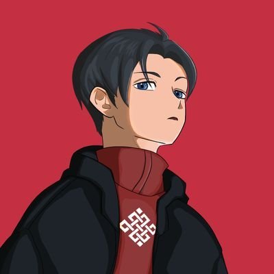 An anime-style portrait illustration of a young man with dark blue hair and blue eyes wearing a black coat over a red turtleneck with a white symbol, set against a solid red background.