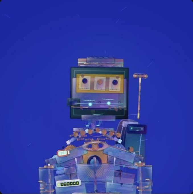 A stylized, glitch-art rendering of a retro robot with a boxy monitor head displaying three colored circles and various mechanical parts, set against a blue background.