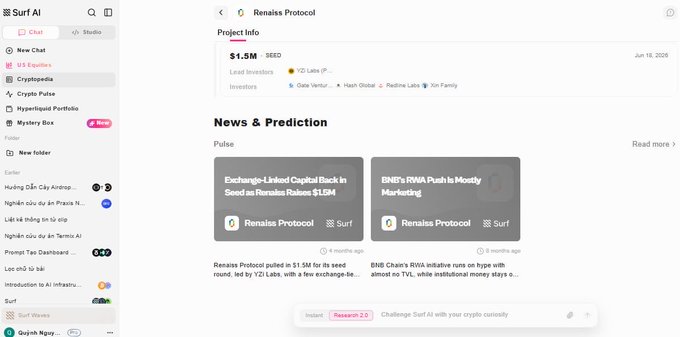 Screenshot of a Surf AI interface displaying project info for 'Renais Protocol' with $1.5M SEED funding, lead investor YZI Labs, and a News & Prediction section showing articles dated Jun 18 2026.