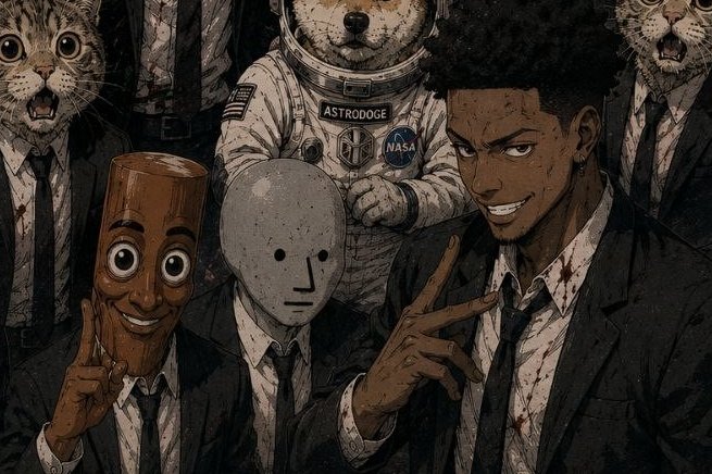 Dark manga/comic-style illustration featuring a smiling young man in a suit alongside surreal figures including a dog in a NASA 'ASTRODOGE' spacesuit, screaming cats, and mask-headed characters.