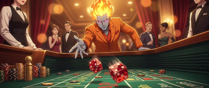 A flaming-headed anime figure in an orange suit reaches across a green craps table where two red dice tumble near stacks of chips, surrounded by formally dressed onlookers in an opulent casino setting.

The image's high-stakes gambling aesthetic mirrors the post's risk-taking tone, using dice-rolling as a metaphor for seeking bold, opportunistic talent willing to bet on a new venture.