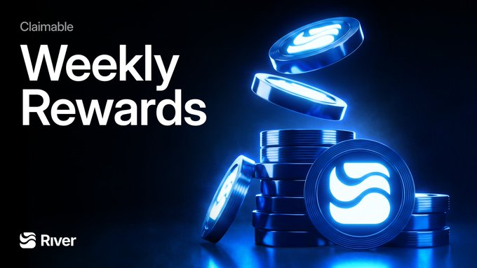 The image is a promotional graphic for River's "Weekly Rewards" program, featuring stacks and falling coins branded with the River "S" logo illuminated in blue against a dark background, with the River logo in the bottom corner. The accompanying post discusses how while River's Weekly Rewards may sound appealing, what truly matters is satUSD's protocol revenue from real usage rather than token incentives, noting the practical design of cross-chain collateralized stablecoin minting but acknowledging risks like contract issues, cross-chain security, and stablecoin volatility.