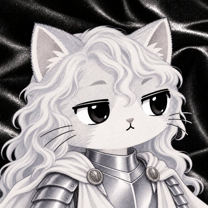 A grayscale illustration of a white cat with curly hair, wearing ornate armor and a draped cloak, set against a black satin background. This appears to be one of the "stonkcatsnft" pieces mentioned, depicting a noble warrior feline character as part of the NFT collection the user received.