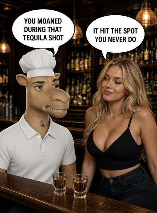 A meme at a bar featuring a CGI cartoon chef and a blonde woman, with speech bubbles reading 'YOU MOANED DURING THAT TEQUILA SHOT' and 'IT HIT THE SPOT YOU NEVER DO'.