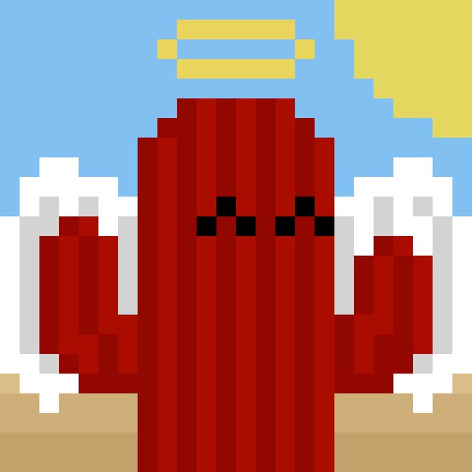 A pixel art image of a red bottle flanked by two baby bottles against a blue sky with a yellow sun.