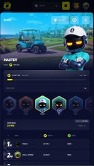 A mobile game screen showing a character named 'MISTER' in a racing helmet with various statistics and trophy displays.