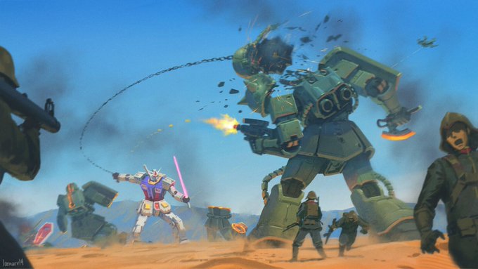 A dynamic digital illustration of a giant mech battle on a desert landscape, featuring a Gundam-style robot with a pink beam sword fighting a large green mech, with 'TamaszM' watermark visible.