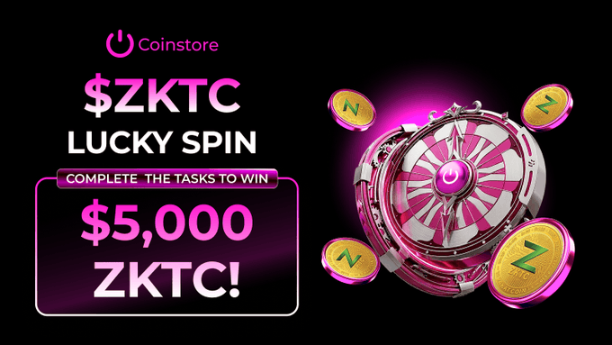 A promotional graphic for Coinstore displays a '$ZKTC LUCKY SPIN' event offering a chance to win '$5,000 ZKTC!' by completing tasks, featuring pink text and a 3D rendering of a prize wheel surrounded by gold coins.