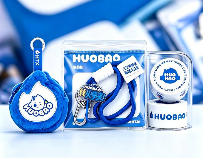 The image features a blue keychain with a cartoon character design and a small white bag attached to it. The keychain and bag are placed next to each other on a table. In the background, there's a white box containing a white label that says "Huobi". This suggests that these items might be related to a product or service from Huawei, as indicated by the post about the UK subsidiary being sanctioned by the Brits. The post also mentions that the company is facing a breakdown and has been ordered to shut down its UK operations.