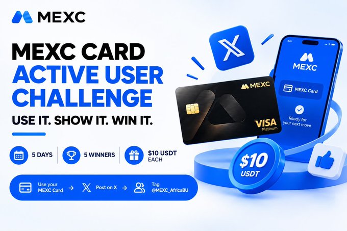A promotional graphic for the 'MEXC CARD ACTIVE USER CHALLENGE' with the tagline 'USE IT. SHOW IT. WIN IT.', showing a MEXC Visa card and phone mockups, offering 5 winners $10 USDT each over 5 days.