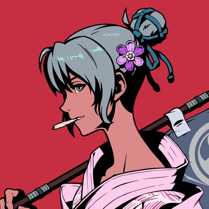 A stylized illustration depicts a teal-haired anime character in profile, wearing a pink kimono with a purple flower hair accessory, holding a staff or weapon while smoking a pipe against a red background. The image matches the post's reference to an "OG Azuki" character with a pink kimono, reflecting the creator's admiration for this particular design by artist JDNightDev.