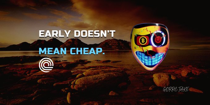 A promotional graphic with a sunset ocean background reading 'EARLY DOESN'T MEAN CHEAP,' featuring a colorful cyberpunk-style mask and the 'Gorrillazake' watermark.