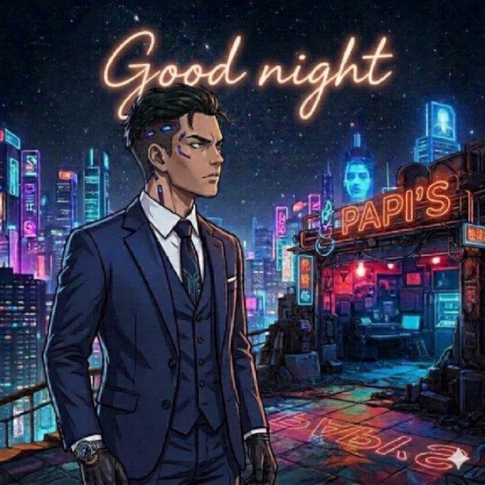 A sharply dressed man with cybernetic enhancements stands against a vibrant cyberpunk cityscape at night, with "Good night" written in neon script above him and a glowing "PAPI'S" shop sign visible nearby, visually complementing the post's nighttime "Gn guys" sign-off while emphasizing TheARCTERMINAL's sleek, futuristic Web3 infrastructure.