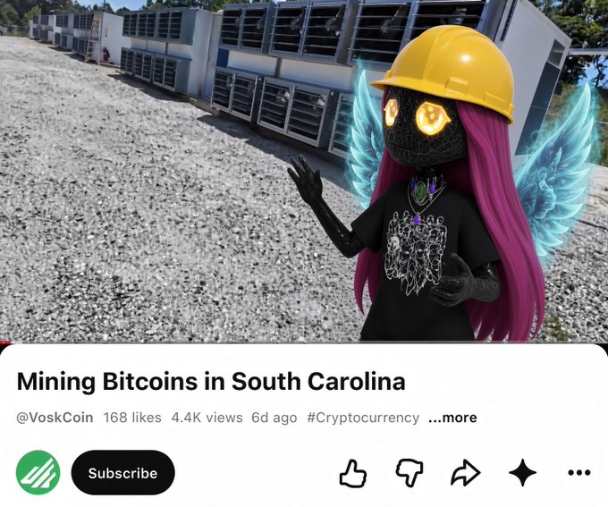 A YouTube thumbnail from @VoskCoin titled 'Mining Bitcoins in South Carolina' showing a 3D animated avatar with pink hair and a yellow hard hat in front of industrial mining equipment.