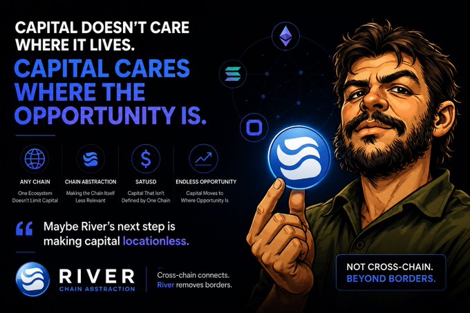 The image is a promotional graphic for **River Chain Abstraction**, featuring a bearded man holding a glowing River logo sphere, alongside the headlines "CAPITAL DOESN'T CARE WHERE IT LIVES" and "CAPITAL CARES WHERE THE OPPORTUNITY IS." It highlights four features—Any Chain, Chain Abstraction, Satusd, and Endless Opportunity—with a tagline reading "Cross-chain connects, River removes borders" and "NOT CROSS-CHAIN. BEYOND BORDERS." The visual reinforces the post's argument by illustrating River's mission to make capital "locationless," dissolving the artificial borders between blockchains like Ethereum, Solana, Sui, and Base that crypto's borderless financial system still imposes.