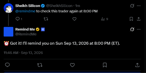 A Twitter interaction where user @SheikhSilicon asks @RemindMe to remind them about a trader at 8:00 PM, and the bot confirms a reminder for Sun Sep 13, 2026.