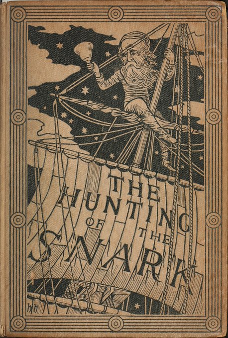An illustrated book cover for "The Hunting of the Snark" by Lewis Carroll, depicting a bearded man with a spyglass perched atop a ship's mast against a starry night sky.