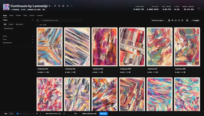 An NFT marketplace interface titled 'Continuum by Lamnteje' showing various abstract colorful art pieces listed as 'Continuum #55' through '#69' with ETH pricing.