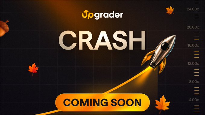 A promotional graphic for Upgrader's "CRASH" game features a silver rocket soaring upward against a dark grid background with autumn leaves and a multiplier scale showing values up to 24.00x. The "COMING SOON" banner in bold orange highlights the game's return, visually emphasizing the excitement and rising stakes teased in the post about its comeback.