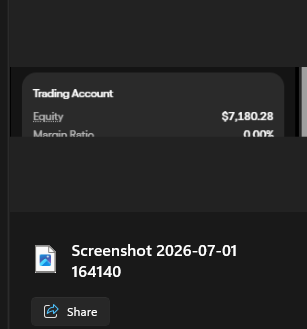 A mobile screenshot showing a Trading Account widget with an Equity balance of $7,180.28 and a 0.00% Margin Ratio, dated 2026-07-01.