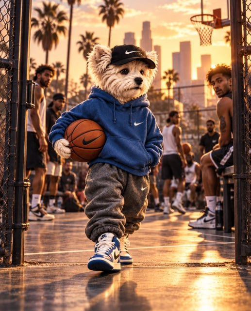 An AI-generated image of an anthropomorphic white dog wearing Nike apparel (cap, blue hoodie, and sweatpants) holding a basketball on an outdoor court with people in the background at sunset.