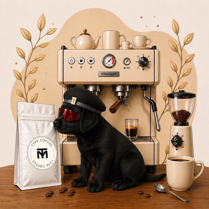 A whimsical illustration of a black puppy wearing red goggles and a beret sitting in front of a cream-colored espresso machine with coffee bags, grinder, and cups, branded 'STmanager' and 'TYPE COFFEE'.
