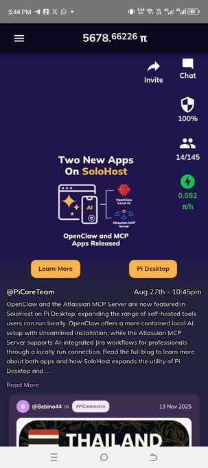 Mobile app screenshot showing "5,678.66226 π" balance with a banner announcing "Two New Apps On SoloHost" for OpenClaw and MCP Server, alongside chat and invite options.
